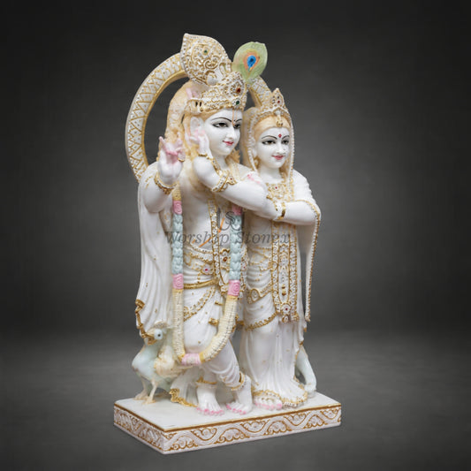 6 inch to 24 inch Makrana Marble Radha Krishna Murti with Intricate Gold Detailing