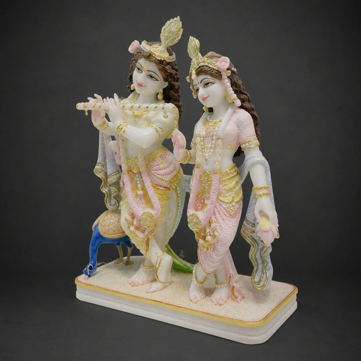 24 inch White Marble Radha Krishna Idol with Peacock – Premium Pink & Gold Finish