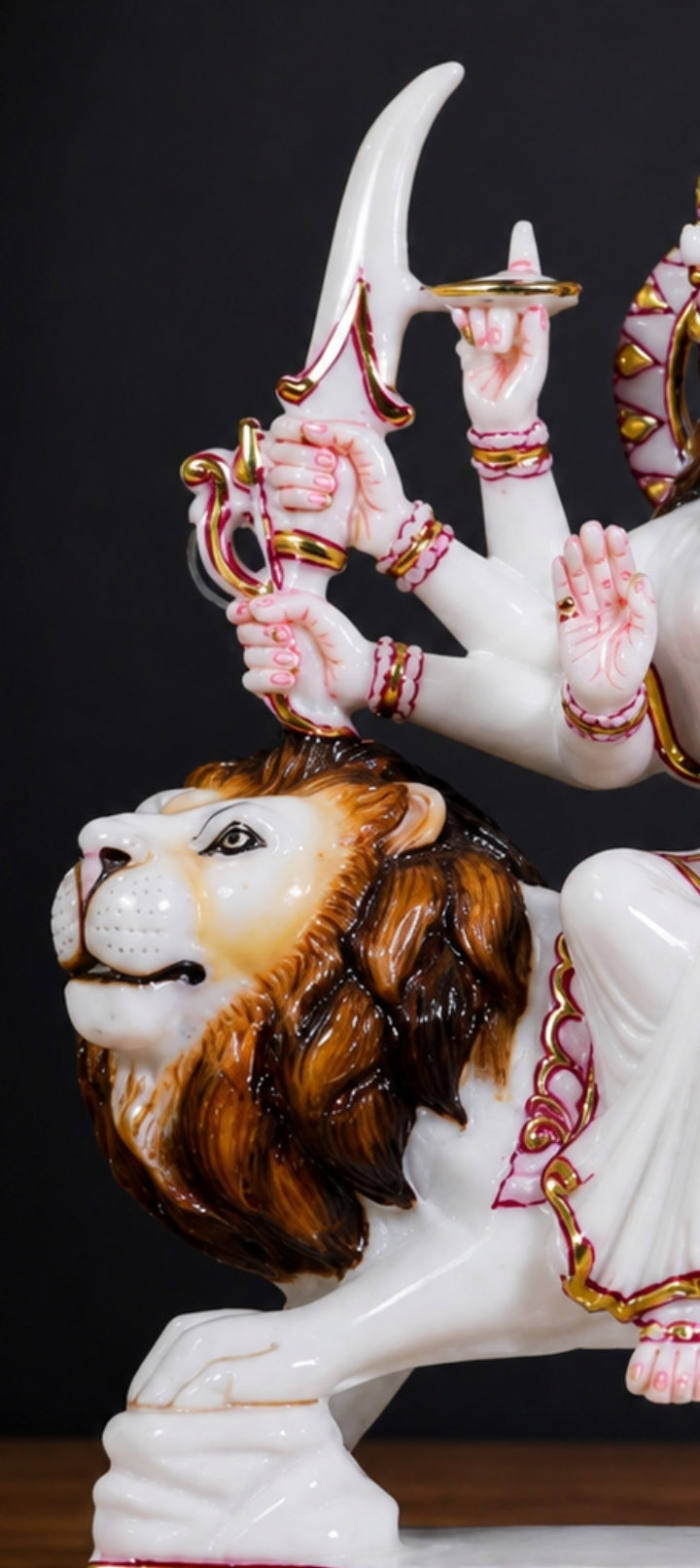 12 inch Makrana Marble Durga Maa Statue with Gold & Red Detail