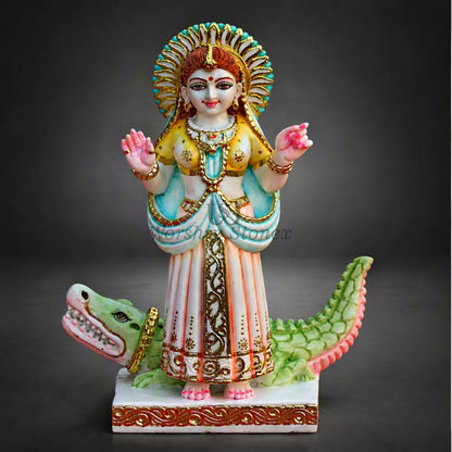 18 inch Vietnam White Marble Khodiyar Mata Statue – Standing Goddess Idol on Green Crocodile Vahana with Gold Work