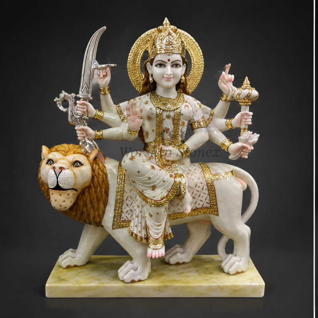 24 inch Maa Durga (Sherawali) Makrana White Marble Murti (Gold Embossed Finish)