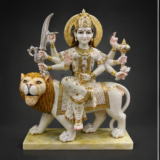 24 inch Maa Durga (Sherawali) Makrana White Marble Murti (Gold Embossed Finish)