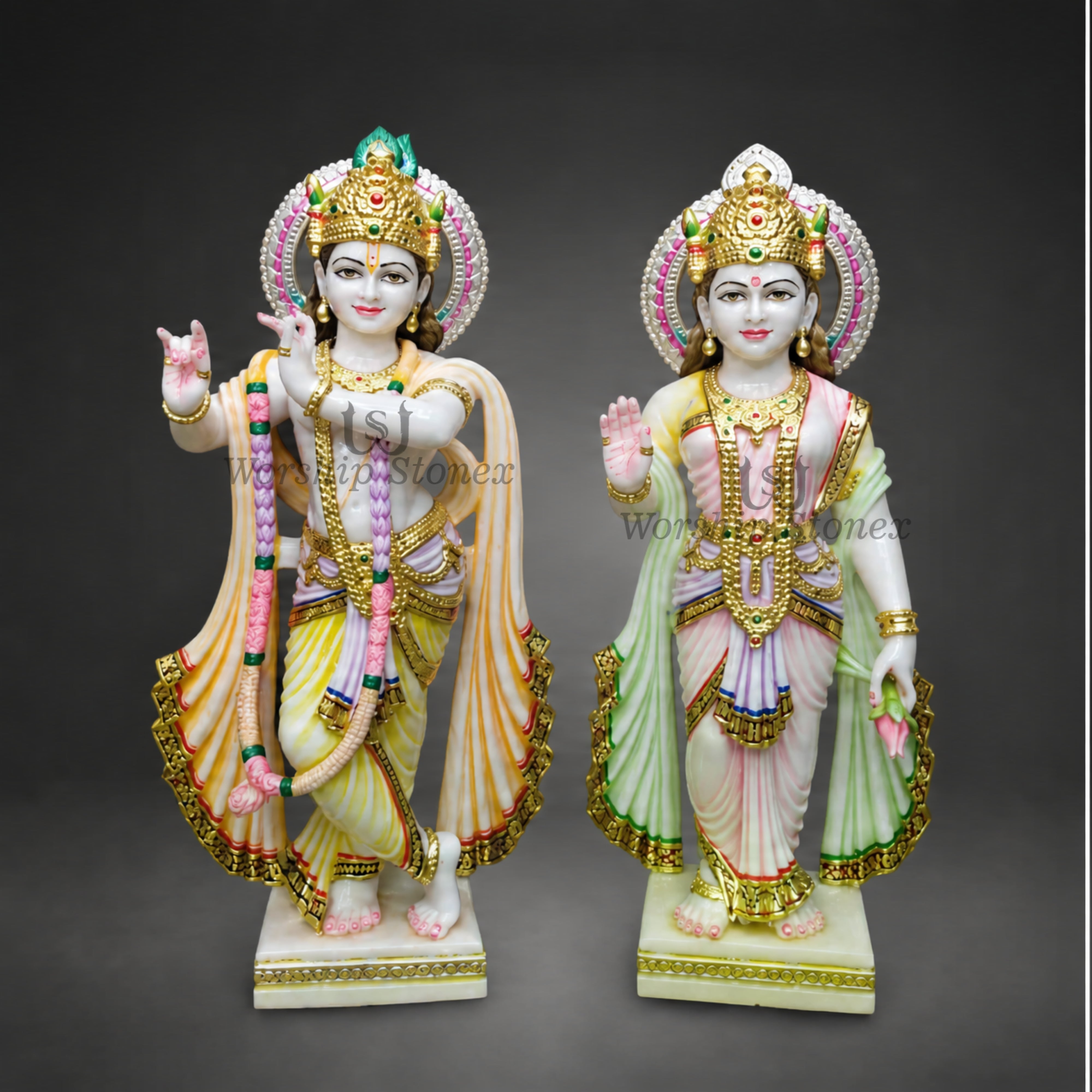 6 to 30 Inches Vietnam White Marble Radha Krishna Statue Set – Standing Pair Idol with Fine Gold and Pastel Painting