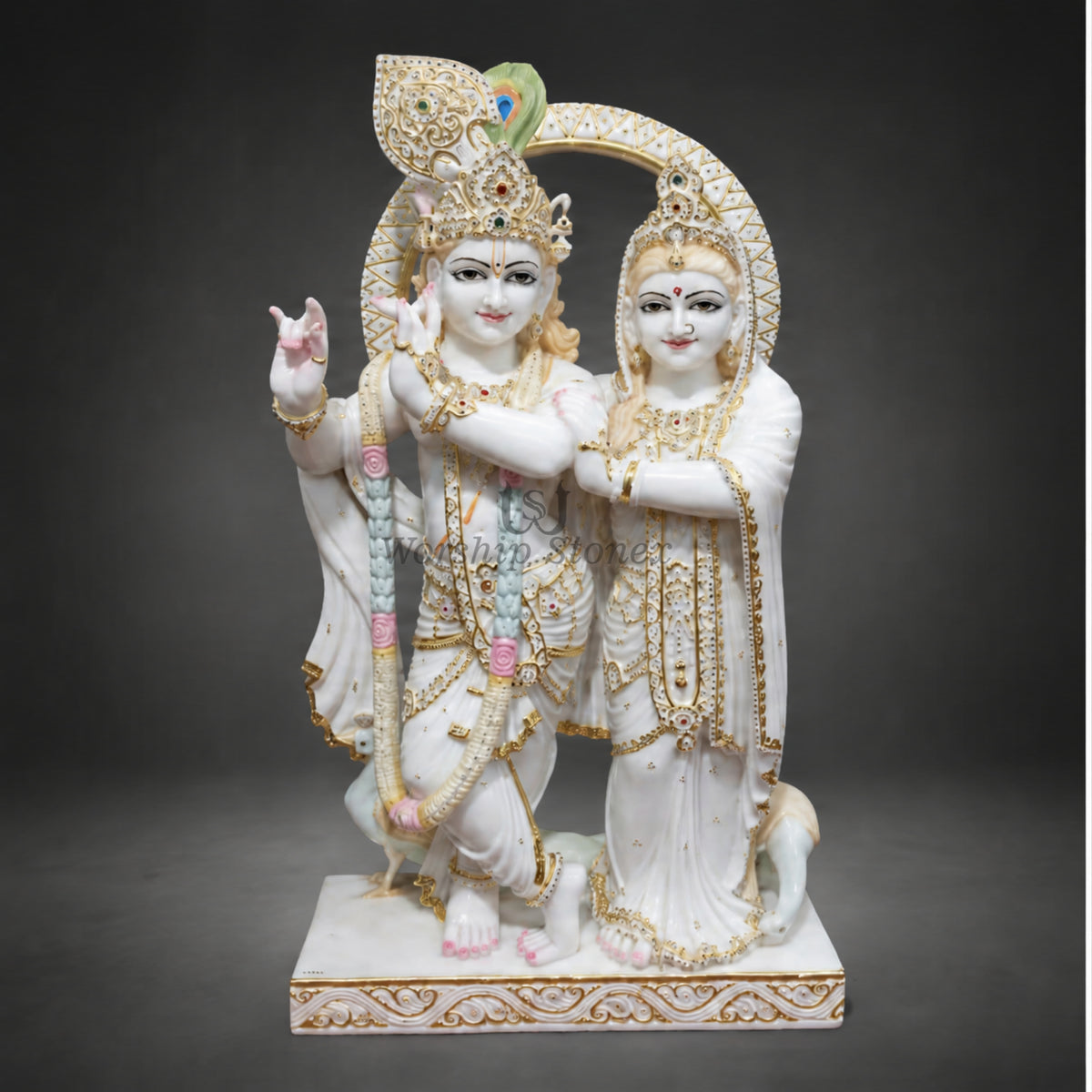 6 inch to 24 inch Makrana Marble Radha Krishna Murti with Intricate Gold Detailing