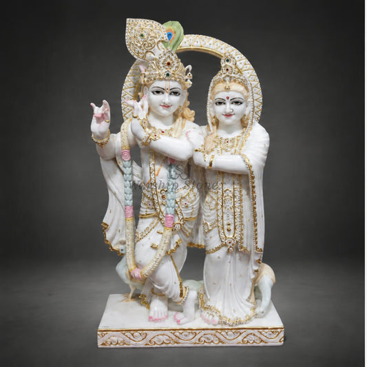6 inch to 24 inch Makrana Marble Radha Krishna Murti with Intricate Gold Detailing