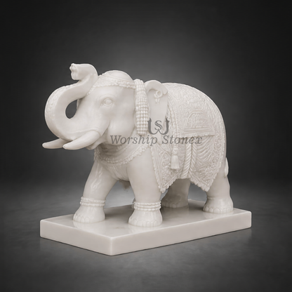 20 inch Royal Hand-Carved Vietnam White Marble Elephant Statue (Gaja)
