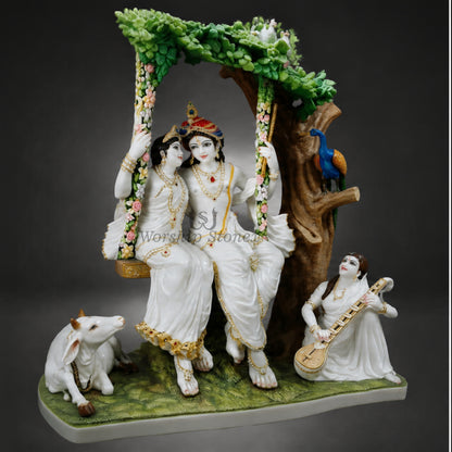 18 inch White Marble Radha Krishna statue,moorti,handmade,idol Jhula with Cow, Peacock & Saraswati