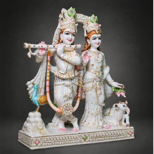 12 inch to 36 inch Pure White Vietnam Marble Radha Krishna Statue – Standing Divine Yugal Jodi Idol with Cow and Peacock