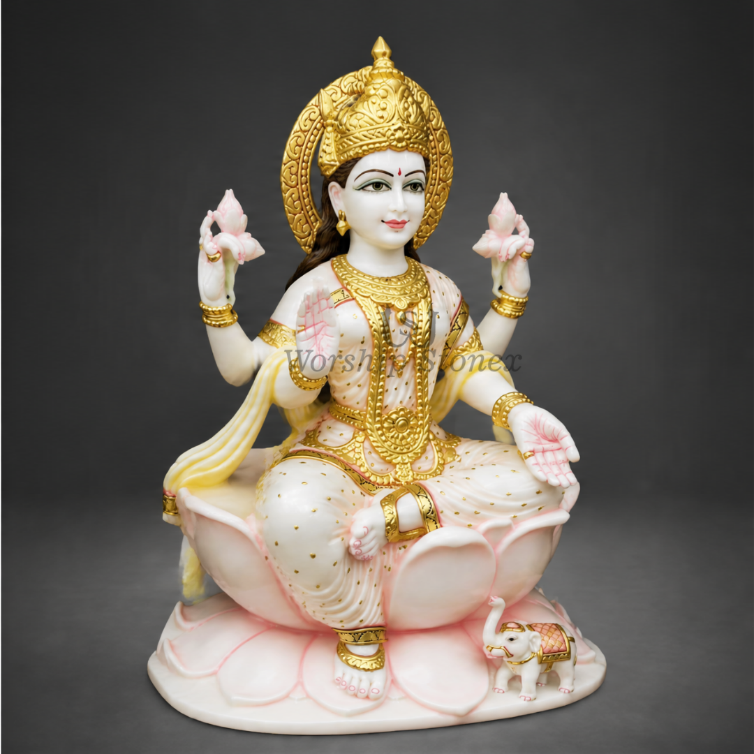 15 inch Seated Goddess Lakshmi Makrana White Marble Murti,idol,statue (Gold Embossed & Pink Lotus Base