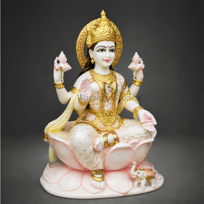 15 inch Seated Goddess Lakshmi Makrana White Marble Murti,idol,statue (Gold Embossed & Pink Lotus Base