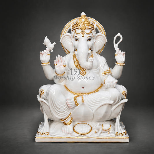 18-Inch Makrana White Marble Seated Ganesha Statue with Gold Painting Work