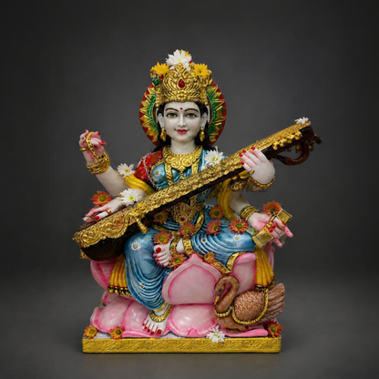 18 inch Seated Goddess Saraswati Makrana White Marble Murti (Detailed Meenakari & Gold Finish)