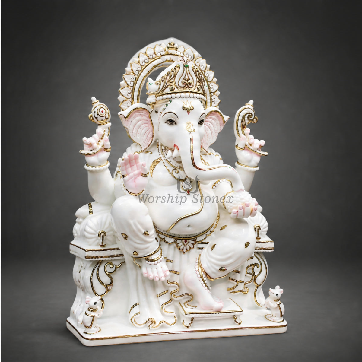 6 to 24 inch White Makrana Marble Ganesha Statue on Ornate Throne with Gold Outlines