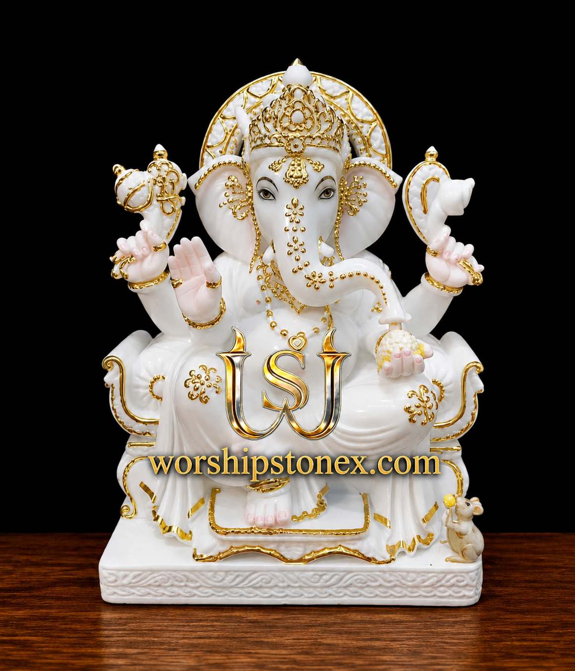 18 inch Luxury Gold-Painted White Marble Lord Ganesha Statue