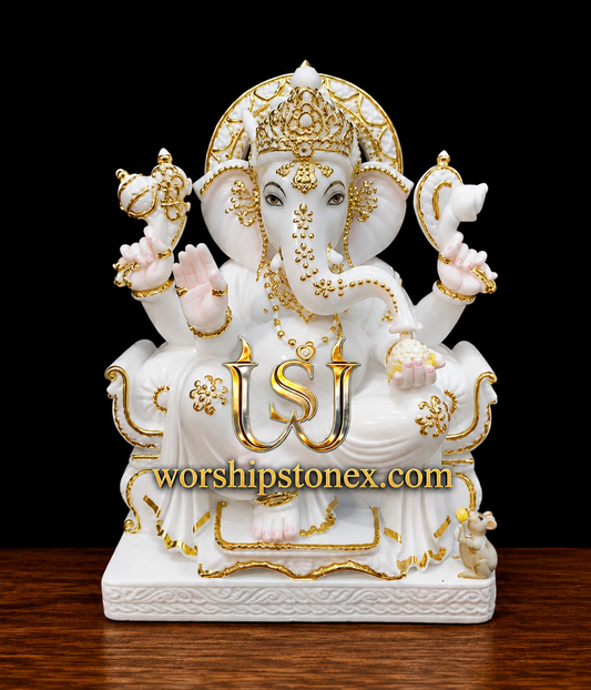 18 inch Luxury Gold-Painted White Marble Lord Ganesha Statue