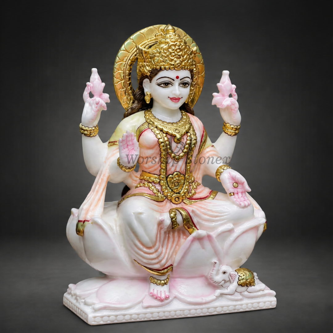 12 inch Seated Goddess Lakshmi Makrana White Marble Murti (Gold Embossed Finish)