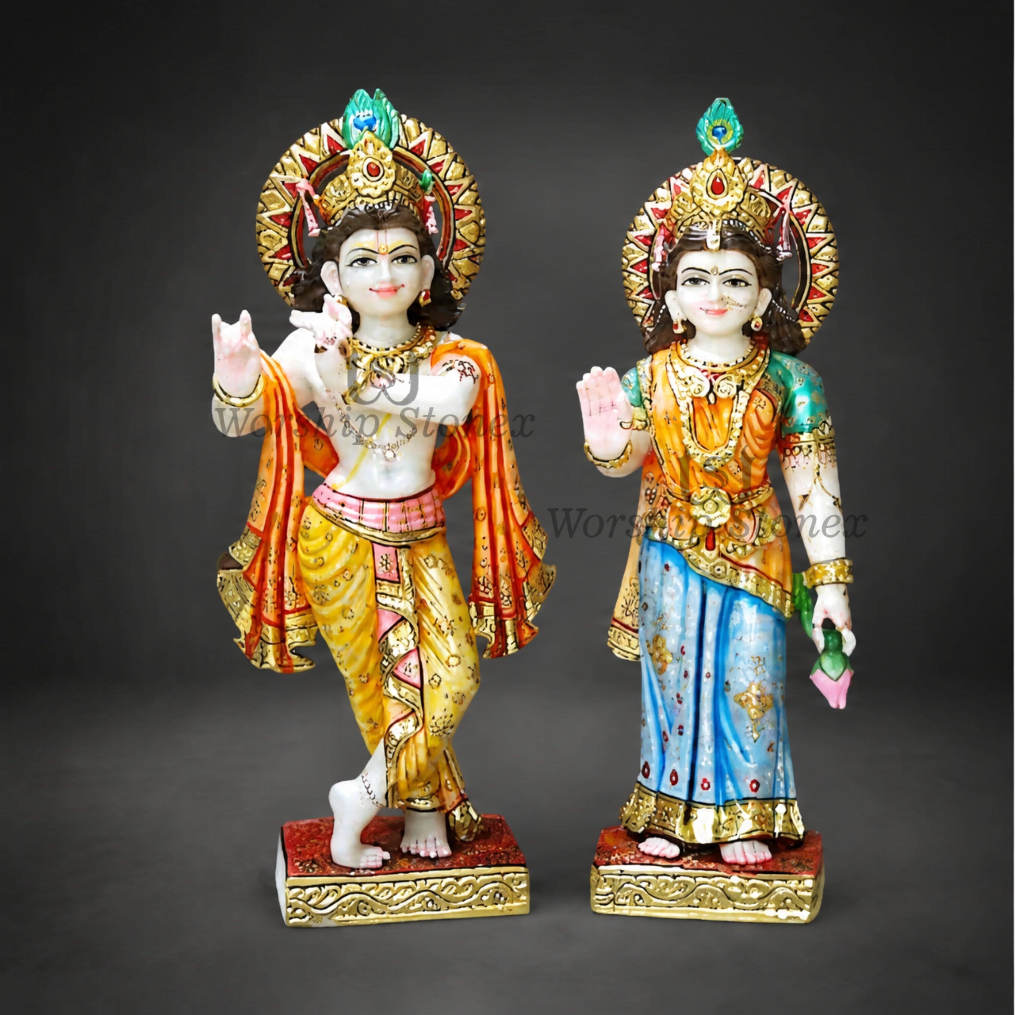 Colorful Marble Radha Krishna Statue | Handcrafted Radha Krishna Murti in Makrana Marble