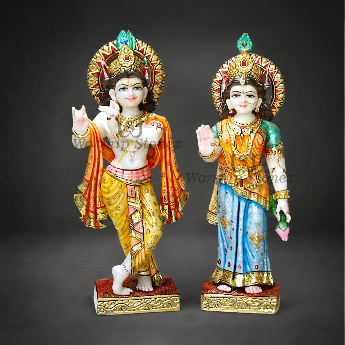 Colorful Marble Radha Krishna Statue | Handcrafted Radha Krishna Murti in Makrana Marble