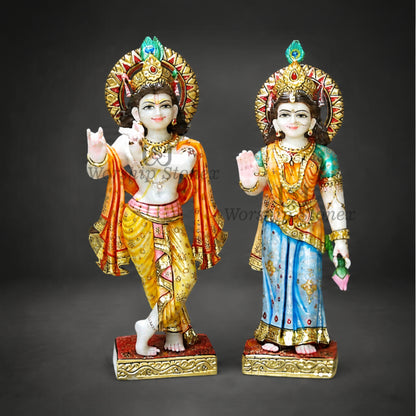 Colorful Marble Radha Krishna Statue | Handcrafted Radha Krishna Murti in Makrana Marble