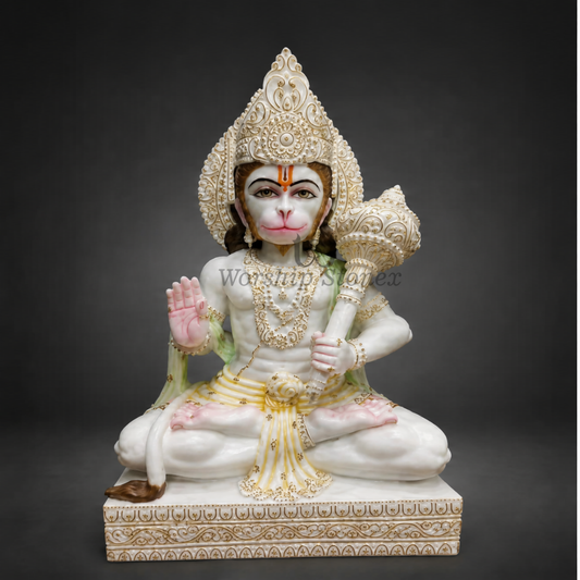 18 inch Divine Seated Lord Hanuman Ji Vietnam White Marble Murti (Gold Embossed Finish)