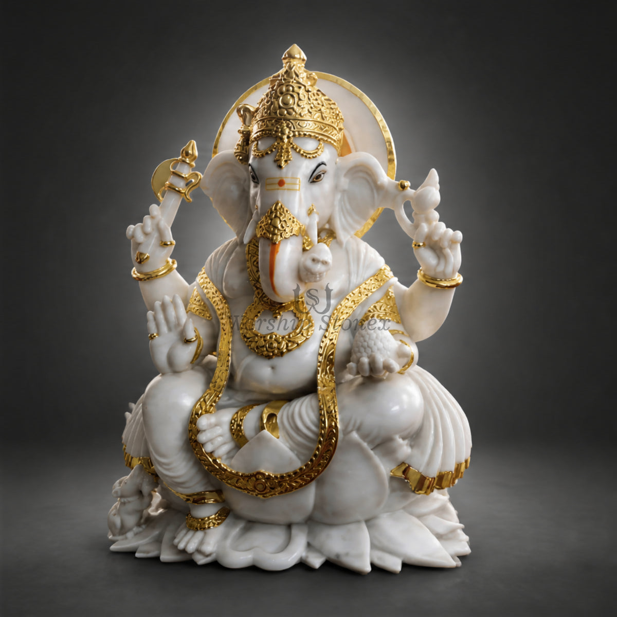 Handcrafted Pure White Marble Lord Ganesha Idol – Sitting Vinayaka Murti with Gold Work