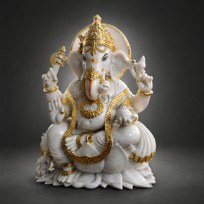 Handcrafted Pure White Marble Lord Ganesha Idol – Sitting Vinayaka Murti with Gold Work
