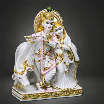 24 inch Makrana Marble Radha Krishna Murti with Cow and Intricate Gold Detailing