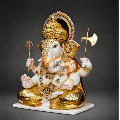 12 inch to 24 inch Gold Painted Makrana Marble Ganesha Statue with Ornate Crown and Trishul