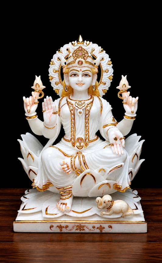 24 Inch White Marble Goddess Lakshmi Idol with Gold Hand-Painted Finish