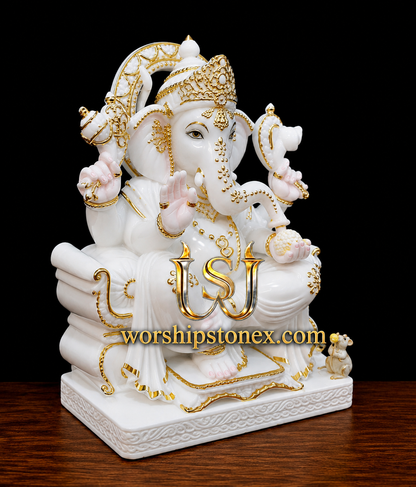 18 inch Luxury Gold-Painted White Marble Lord Ganesha Statue