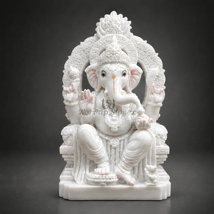 10 Inch White Makrana Marble Ganesha Idol with Intricate Carved Arch – Premium Ganesh Murti