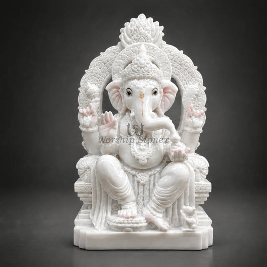 10 Inch White Makrana Marble Ganesha Idol with Intricate Carved Arch – Premium Ganesh Murti