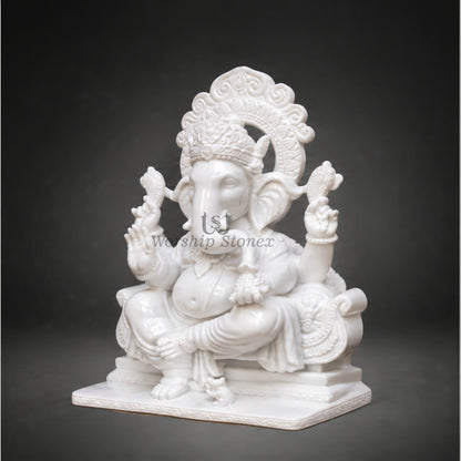 Handcrafted Pure White Makrana Marble Seated Ganesha Statue