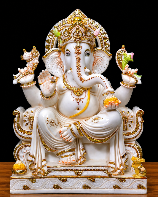 Divine Designer Gold Work White Marble Lord Ganesha Statue