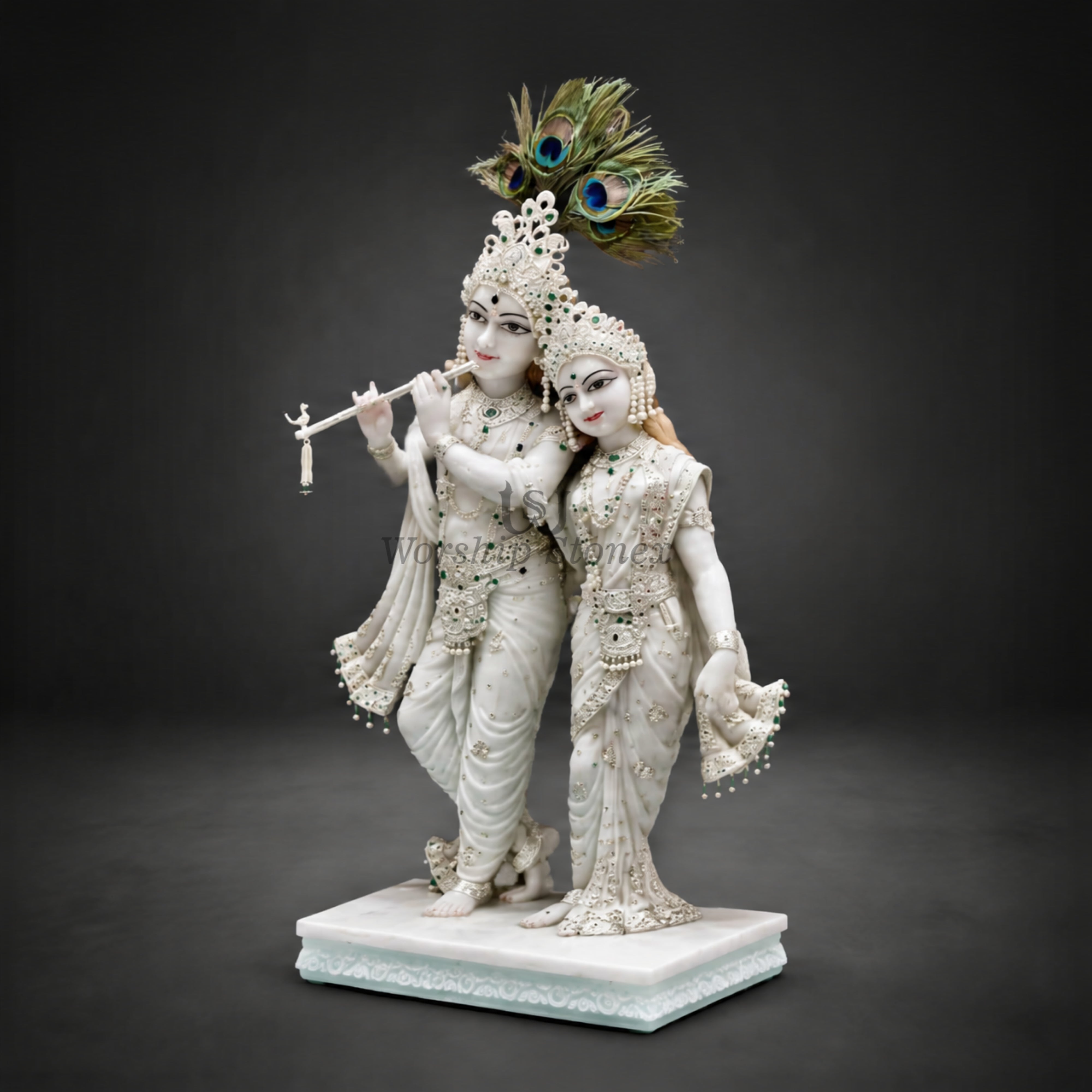 Pure White Makrana Marble Standing Radha Krishna Statue – Divine Yugal Jodi Idol with Emerald & Pearl Ornamentation (Available in Sizes 12 to 36 Inches)