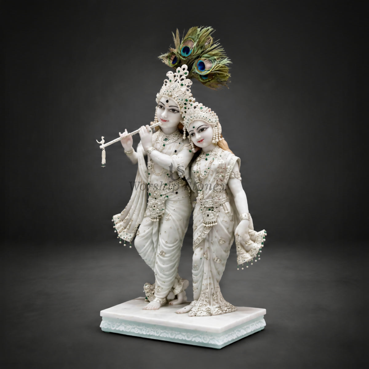 Pure White Makrana Marble Standing Radha Krishna Statue – Divine Yugal Jodi Idol with Emerald & Pearl Ornamentation (Available in Sizes 12 to 36 Inches)
