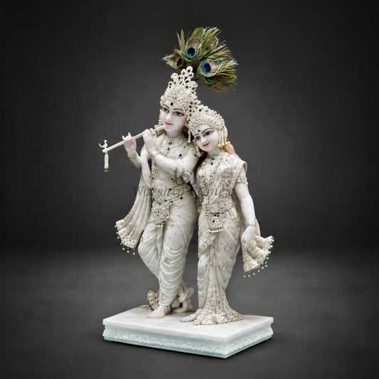 Pure White Makrana Marble Standing Radha Krishna Statue – Divine Yugal Jodi Idol with Emerald & Pearl Ornamentation (Available in Sizes 12 to 36 Inches)
