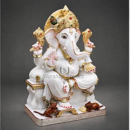 Makrana White Marble Lord Ganesha Statue – Seated Sinhasan Vinayaka Idol with Royal Gold Work