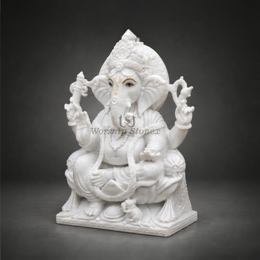 12 inch Pure White Marble Seated Ganesha Statue