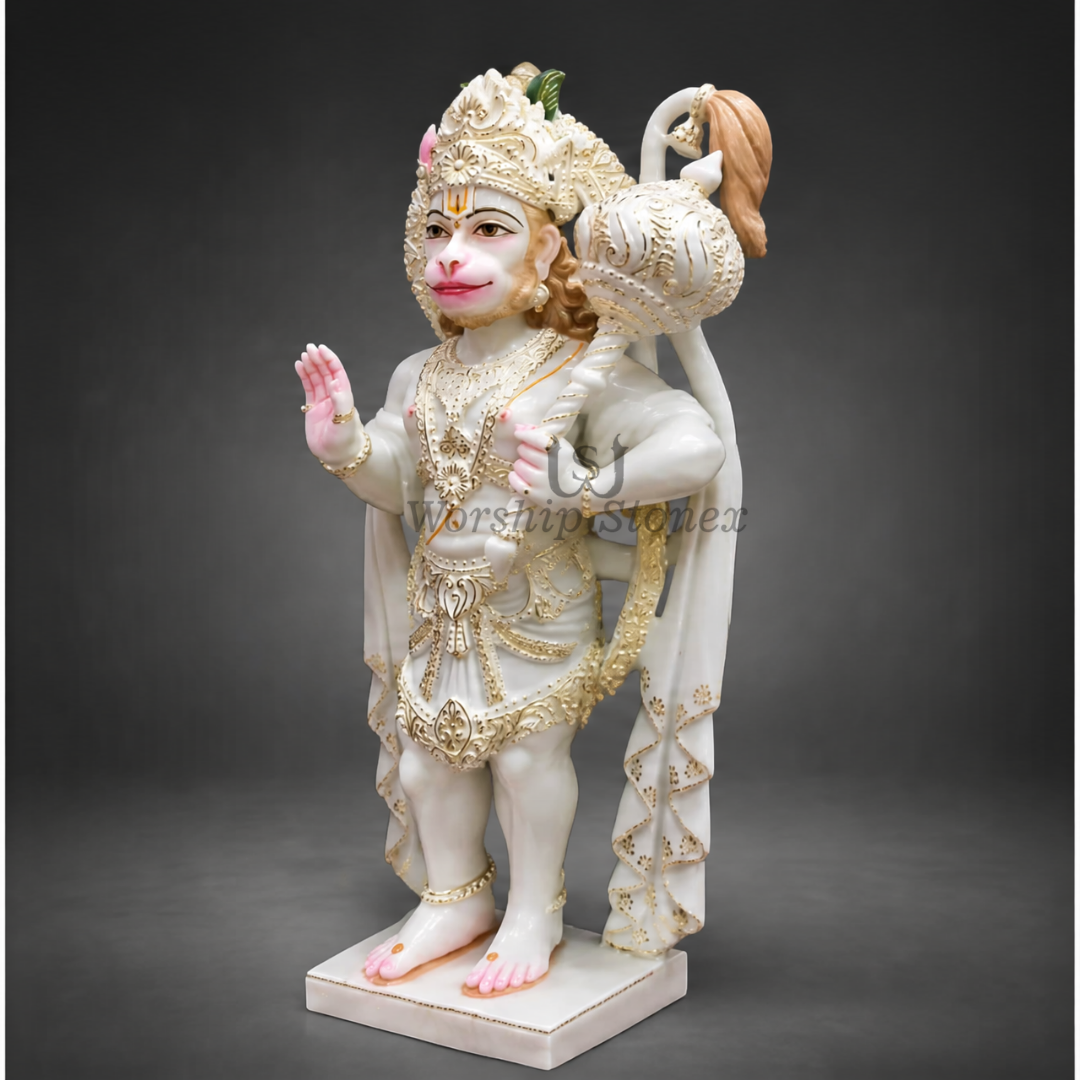 12 inch Standing Lord Hanuman Ji Vietnam White Marble Murti (Gold Embossed Finish)