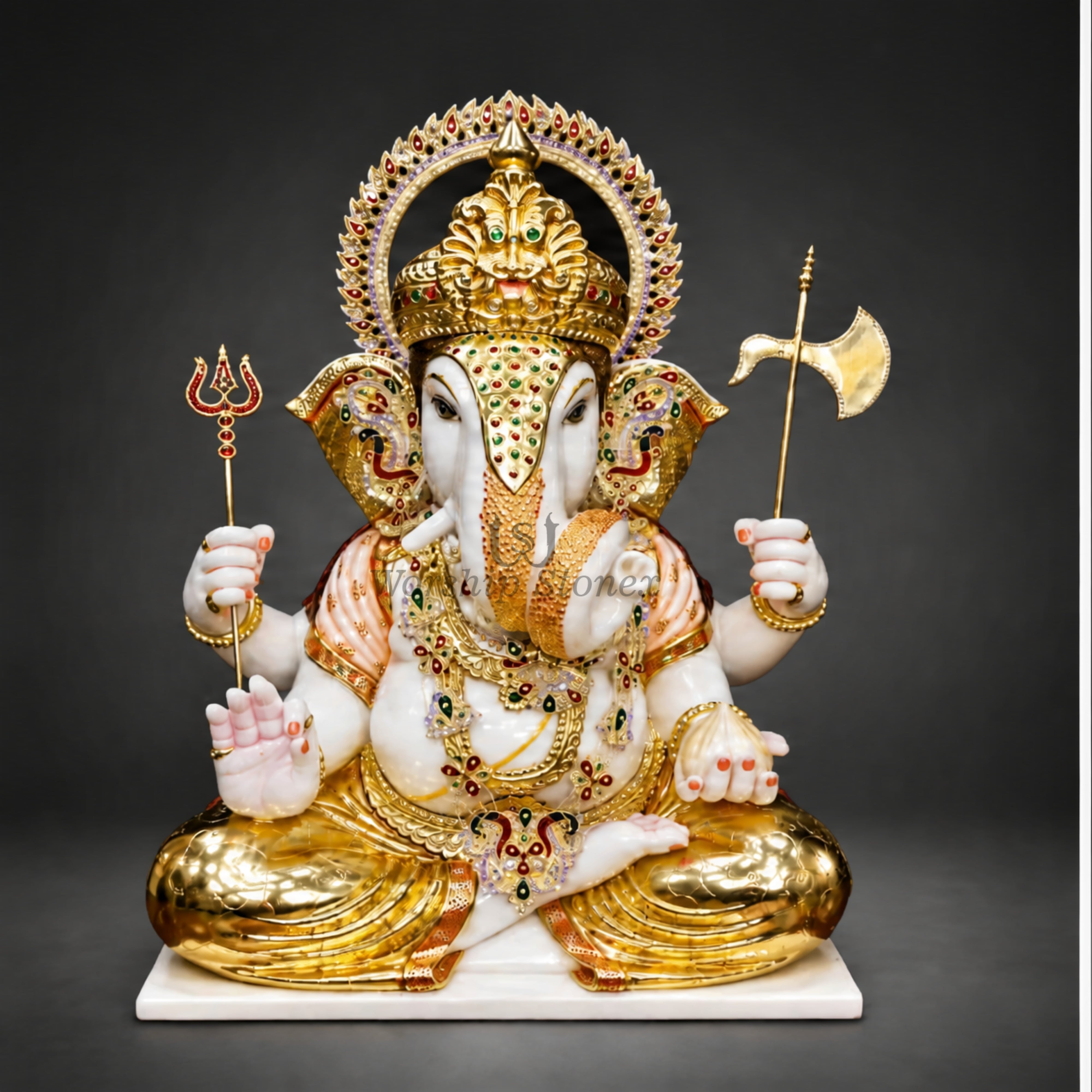 12 inch to 24 inch Gold Painted Makrana Marble Ganesha Statue with Ornate Crown and Trishul