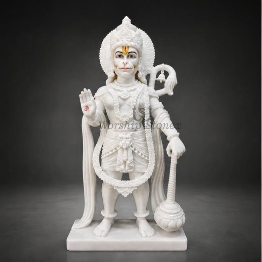 12 inch to 36 inch Divine Lord Hanuman Ji Vietnam White Marble Murti (Standing Abhaya Mudra Posture)