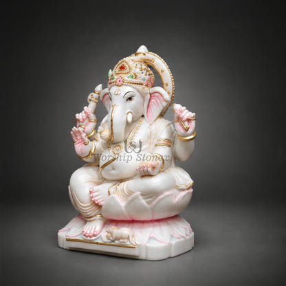 12 Inch Handcrafted White Marble Ganesha Moorti - Pink Lotus Seated Idol