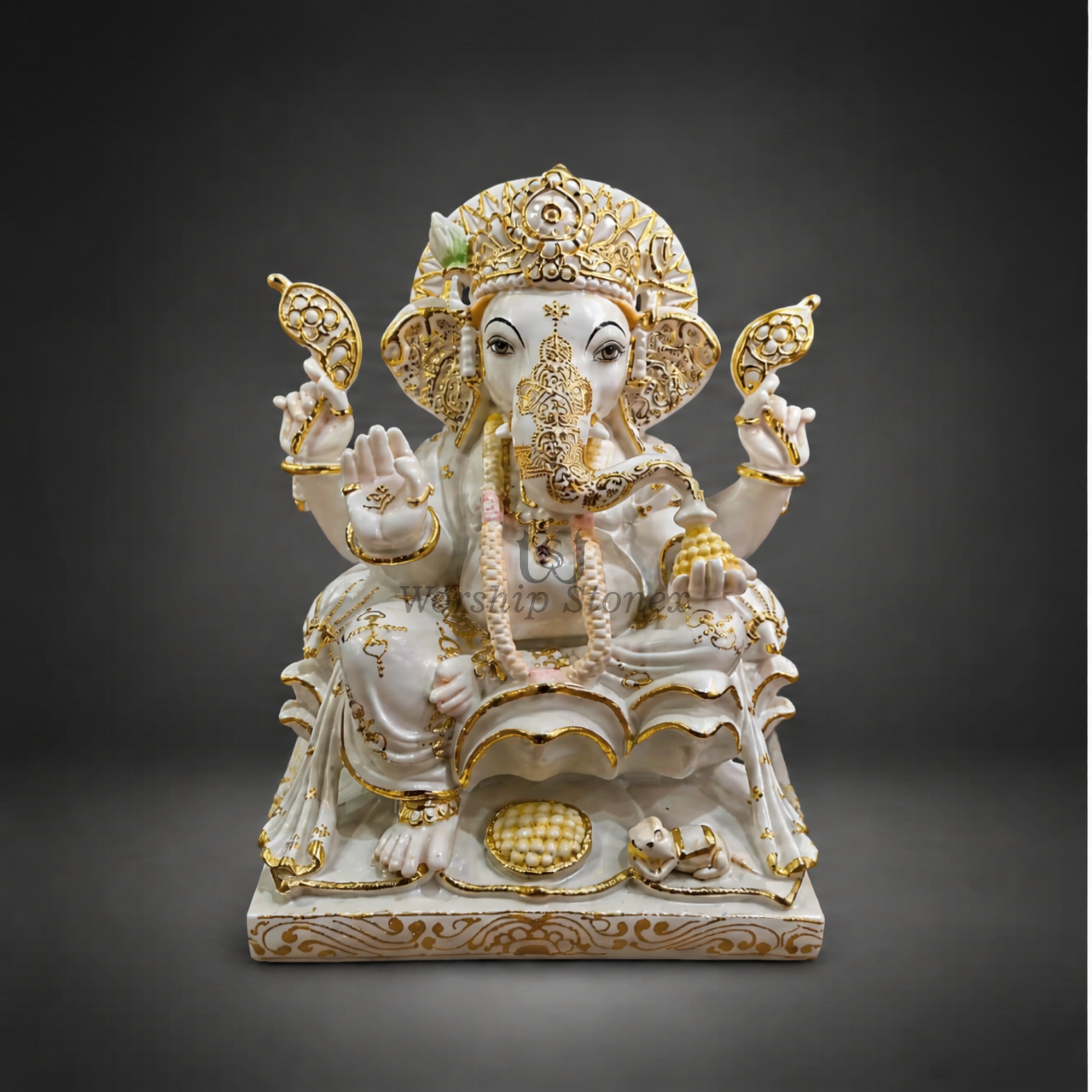 15 inch Makrana Marble Lord Ganesha Murti with Intricate Gold Work and Modak