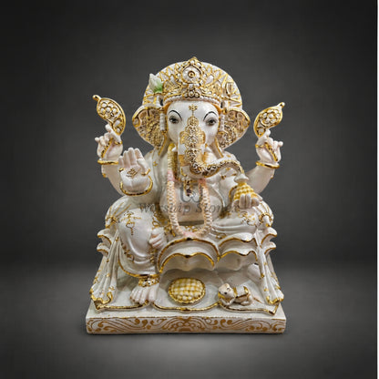 15 inch Makrana Marble Lord Ganesha Murti with Intricate Gold Work and Modak