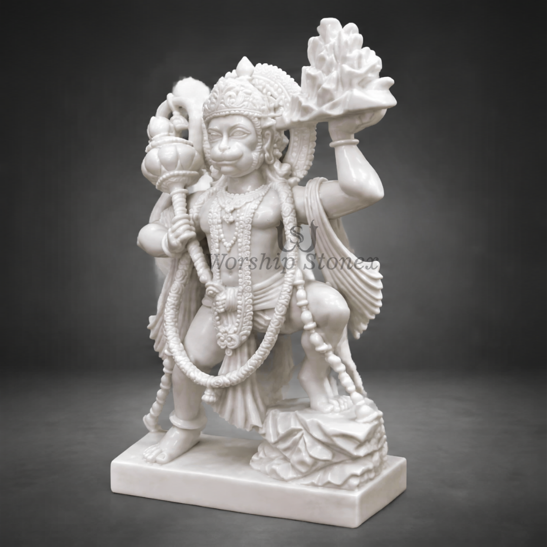 15 inch Standing Lord Hanuman Ji Makrana White Marble Murti,idol, statue (Meenakari & Gold Finish)