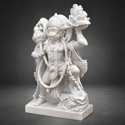15 inch Standing Lord Hanuman Ji Makrana White Marble Murti,idol, statue (Meenakari & Gold Finish)