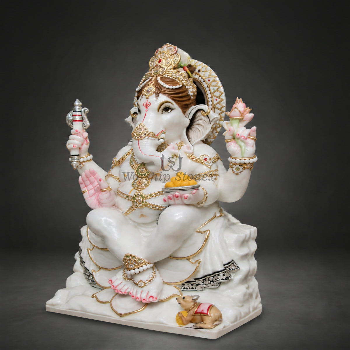 15-Inch Makrana White Marble Seated Ganesha Idol with Kundan and Gold Painting Work