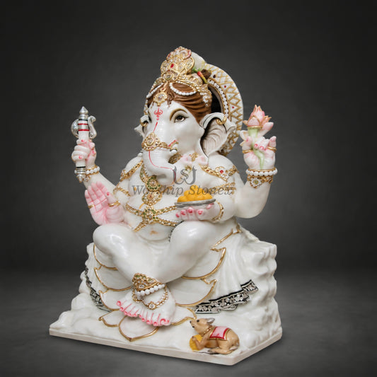 15-Inch Makrana White Marble Seated Ganesha Idol with Kundan and Gold Painting Work