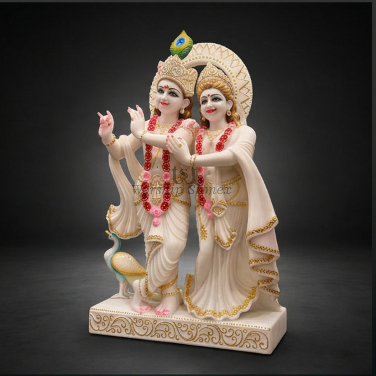 Vietnam White Marble Yugal Jodi Radha Krishna Statue Set – Standing Pair Idol with Gold Detailing and Peacock Crest